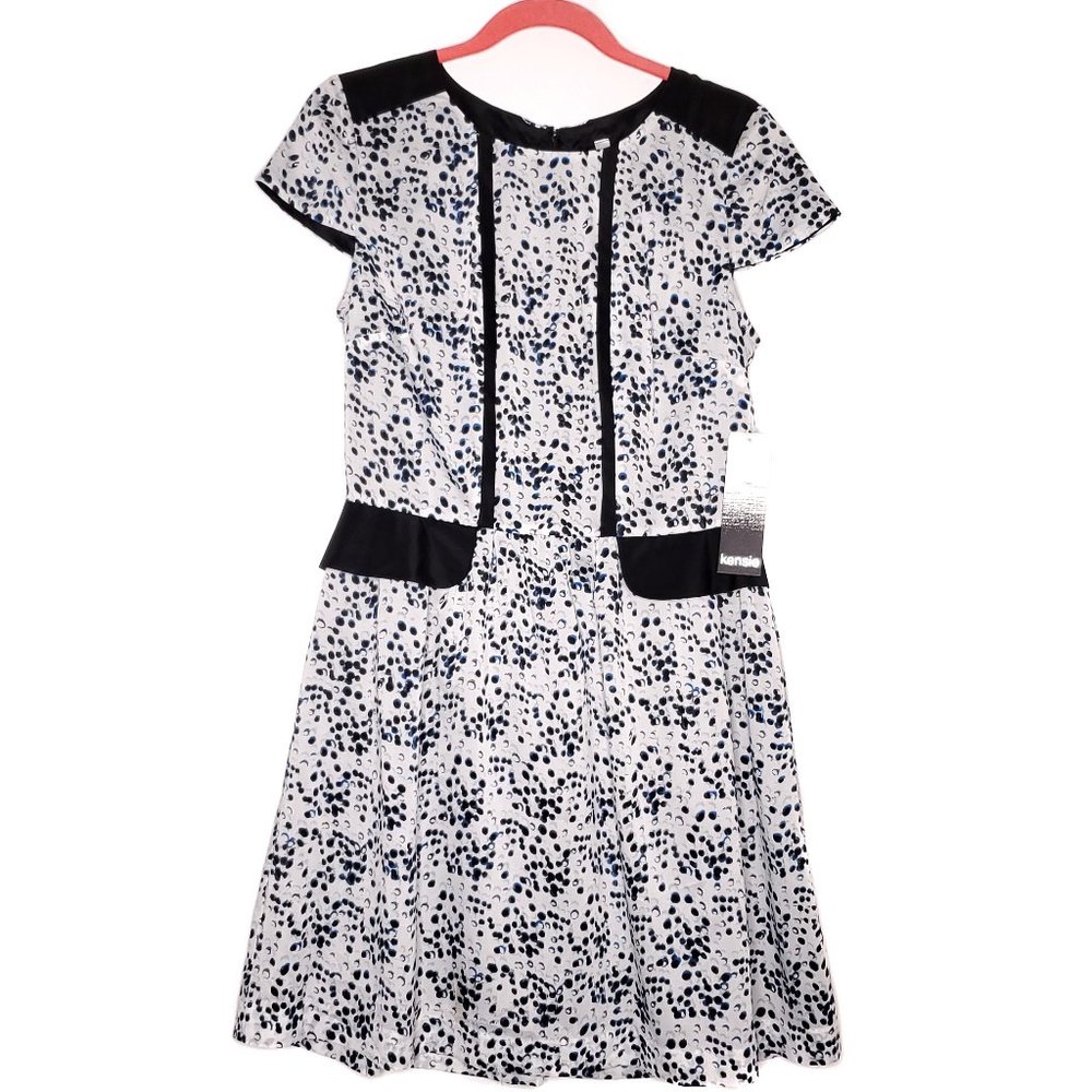 Kensie Estilo Blue & Black Dot Dress Cap Sleeve M